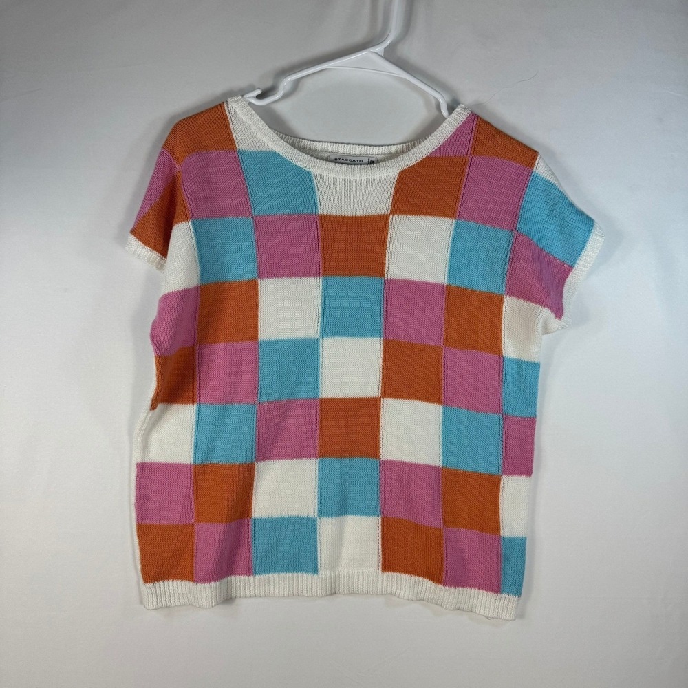 Staccato Womens Checkerboard Short Sleeve Knit Sweater Pink Orange Blue Size M